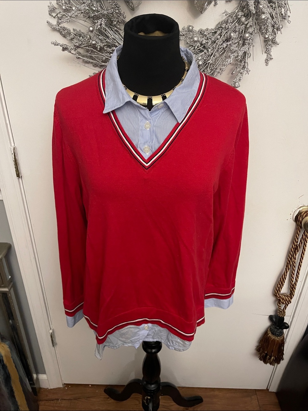 Tommy Hilfiger Red V-Neck Sweater with White & Black Trim
